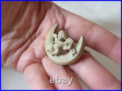 Antiq. Victorian Hand Carved Cream Lava Crescent Moon Cherub withLyra Small Brooch