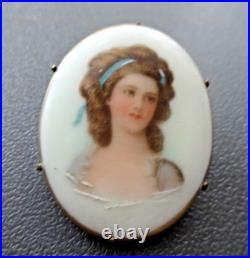 Antiq Victorian Portrait Brooch Cameo Hand Painted Pin Lady Woman 19th C Clasp