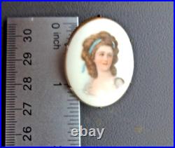Antiq Victorian Portrait Brooch Cameo Hand Painted Pin Lady Woman 19th C Clasp