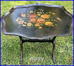 AntiqueEBONIZED&HAND PAINTED WOOD FOLDING TRAY TABLE, 22.5H X 28.5W X 23D