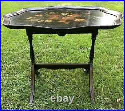 AntiqueEBONIZED&HAND PAINTED WOOD FOLDING TRAY TABLE, 22.5H X 28.5W X 23D