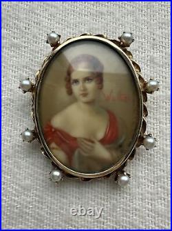 Antique 14K Gold & Pearl Hand Painted Portrait Brooch Signed