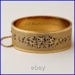 Antique 14K Gold Victorian Bangle-Dated 1874 Hand-Engraved with Niello Detailing