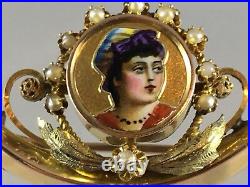 Antique 14K Gold Victorian Crescent Hand Painted Enamel Lady Girl Portrait Pin