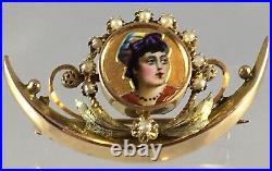 Antique 14K Gold Victorian Crescent Hand Painted Enamel Lady Girl Portrait Pin