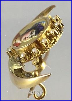 Antique 14K Gold Victorian Crescent Hand Painted Enamel Lady Girl Portrait Pin