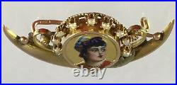 Antique 14K Gold Victorian Crescent Hand Painted Enamel Lady Girl Portrait Pin