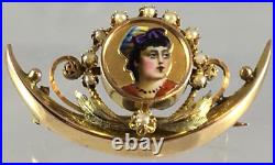 Antique 14K Gold Victorian Crescent Hand Painted Enamel Lady Girl Portrait Pin