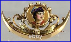 Antique 14K Gold Victorian Crescent Hand Painted Enamel Lady Girl Portrait Pin