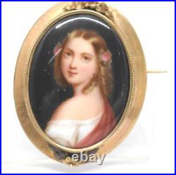 Antique 14K Yellow Gold Hand Painted Young Maiden Portrait Porcelain Pin Signed