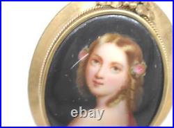 Antique 14K Yellow Gold Hand Painted Young Maiden Portrait Porcelain Pin Signed