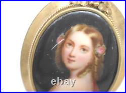 Antique 14K Yellow Gold Hand Painted Young Maiden Portrait Porcelain Pin Signed