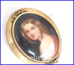 Antique 14K Yellow Gold Hand Painted Young Maiden Portrait Porcelain Pin Signed