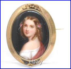 Antique 14K Yellow Gold Hand Painted Young Maiden Portrait Porcelain Pin Signed