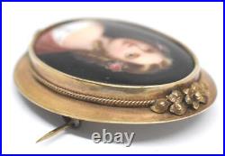 Antique 14K Yellow Gold Hand Painted Young Maiden Portrait Porcelain Pin Signed