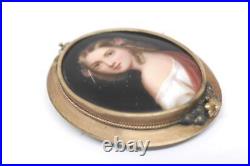 Antique 14K Yellow Gold Hand Painted Young Maiden Portrait Porcelain Pin Signed