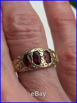 Antique 14K Yellow Gold Victorian Hand Scrolled 3 Stone Garnet Ring Size 4 1/4