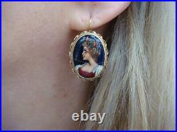 Antique 14 K. Gold Victorian French Hand Painted Earrings Rare, Beautiful, 5.2 Gr