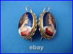 Antique 14 K. Gold Victorian French Hand Painted Earrings Rare, Beautiful, 5.2 Gr
