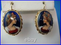Antique 14 K. Gold Victorian French Hand Painted Earrings Rare, Beautiful, 5.2 Gr