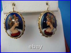 Antique 14 K. Gold Victorian French Hand Painted Earrings Rare, Beautiful, 5.2 Gr