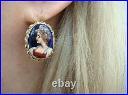 Antique 14 K. Gold Victorian French Hand Painted Earrings Rare, Beautiful, 5.2 Gr