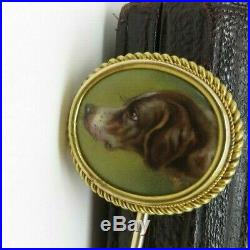 Antique 14ct Gold Stick Pin Hand Painted Hunting Dog'Bell' in Victorian Pin Box