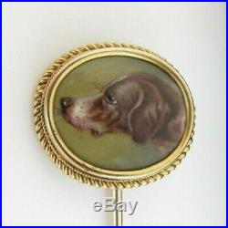 Antique 14ct Gold Stick Pin Hand Painted Hunting Dog'Bell' in Victorian Pin Box