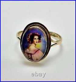 Antique 14k Gold Victorian Size 6.25 Ring withHand Painted Woman Portrait STUNNING