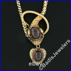 Antique 15K Gold Hand Engraved Graduated Link Garnet Snake Mourning Necklace