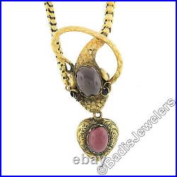 Antique 15K Gold Hand Engraved Graduated Link Garnet Snake Mourning Necklace