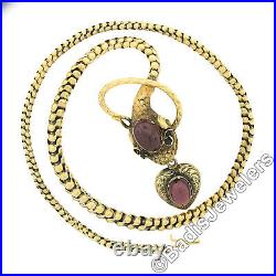 Antique 15K Gold Hand Engraved Graduated Link Garnet Snake Mourning Necklace