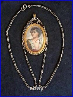 Antique 1749 Hand Painted Portrait Pendant Omalu Frame with 24 Sterling Chain