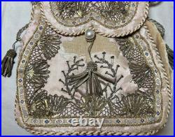 Antique 1800's French handmade Victorian needlepoint Purse silk clutch hand bag