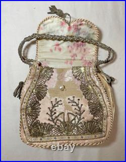 Antique 1800's French handmade Victorian needlepoint Purse silk clutch hand bag