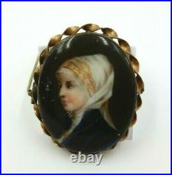 Antique 1800's Hand Painted Enamel Victorian Miniature Portrait Cameo Brooch