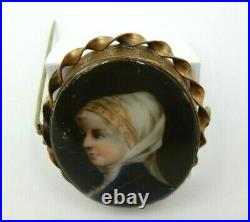 Antique 1800's Hand Painted Enamel Victorian Miniature Portrait Cameo Brooch