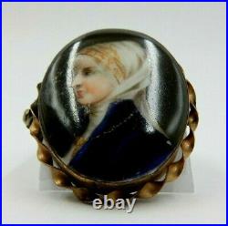 Antique 1800's Hand Painted Enamel Victorian Miniature Portrait Cameo Brooch