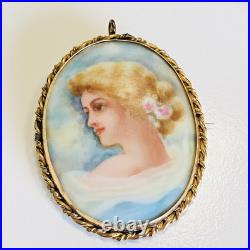 Antique 1800's Hand-Painted Porcelain Portrait Brooch Signed F. E. Endsley 2.5