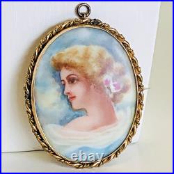 Antique 1800's Hand-Painted Porcelain Portrait Brooch Signed F. E. Endsley 2.5