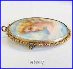 Antique 1800's Hand-Painted Porcelain Portrait Brooch Signed F. E. Endsley 2.5