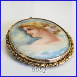Antique 1800's Hand-Painted Porcelain Portrait Brooch Signed F. E. Endsley 2.5