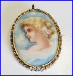 Antique 1800's Hand-Painted Porcelain Portrait Brooch Signed F. E. Endsley 2.5
