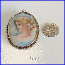 Antique 1800's Hand-Painted Porcelain Portrait Brooch Signed F. E. Endsley 2.5