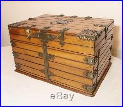 Antique 1800's Victorian hand made brass mounted ornate wooden jewelry box trunk