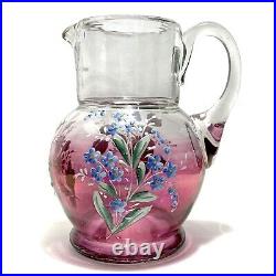 Antique 1800s Victorian Hand Blown Glass Pitcher Hand Painted Flowers Ladybug