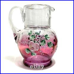 Antique 1800s Victorian Hand Blown Glass Pitcher Hand Painted Flowers Ladybug