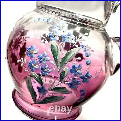 Antique 1800s Victorian Hand Blown Glass Pitcher Hand Painted Flowers Ladybug