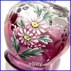 Antique 1800s Victorian Hand Blown Glass Pitcher Hand Painted Flowers Ladybug