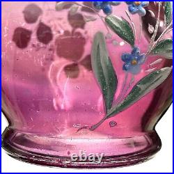 Antique 1800s Victorian Hand Blown Glass Pitcher Hand Painted Flowers Ladybug